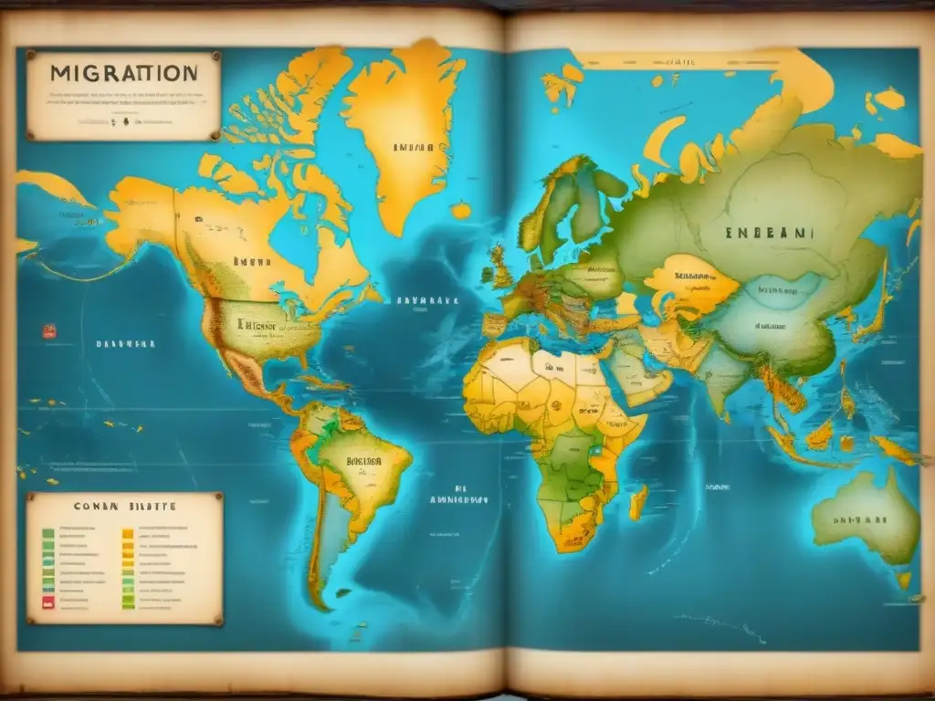 Detallado mapa vintage de rutas migratorias, con marcas de tinta desgastadas señalando puntos de origen y destino