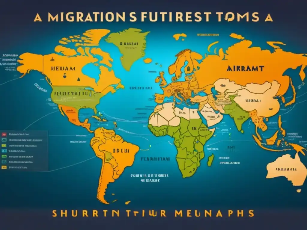 Un detallado mapa vintage muestra rutas migratorias de grupos lingüísticos y una red de apellidos familiares conectados a lo largo del tiempo