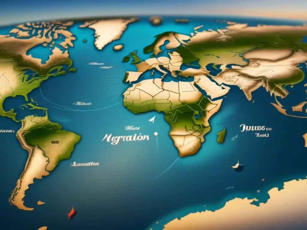 Detallado mapa vintage de rutas migratorias de primeros colonos, con ilustraciones de barcos y brújulas