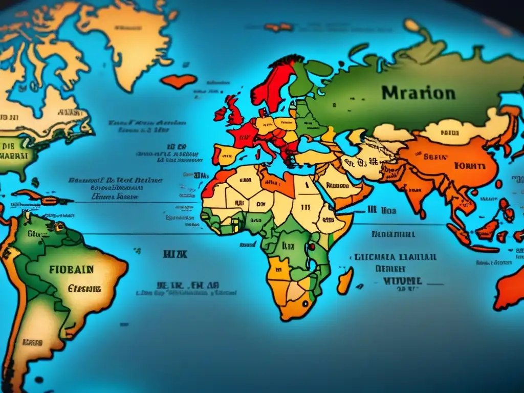 Detallado mapa vintage de rutas migratorias con escudos de familias, mostrando origen y evolución de apellidos