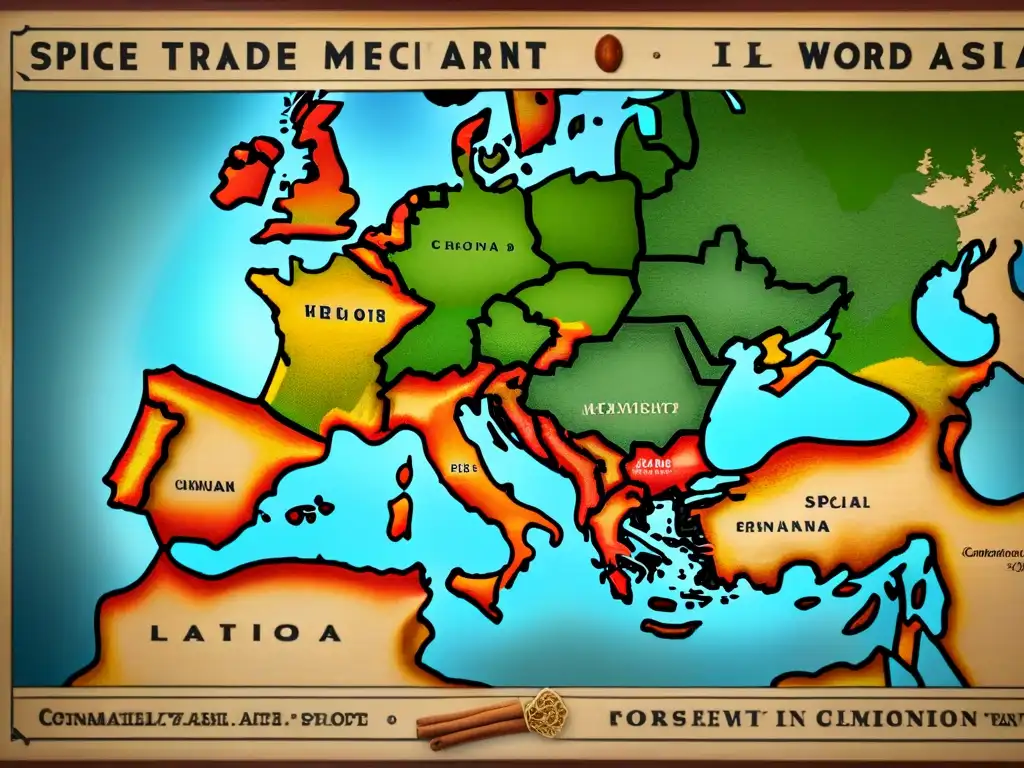 Detallado mapa vintage de las rutas comerciales de especias, clave en la historia del comercio y linajes europeos