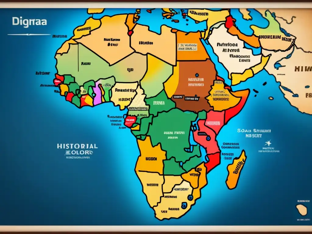 Un detallado mapa vintage muestra las rutas históricas de la diáspora africana, con barcos ilustrados y nombres de regiones