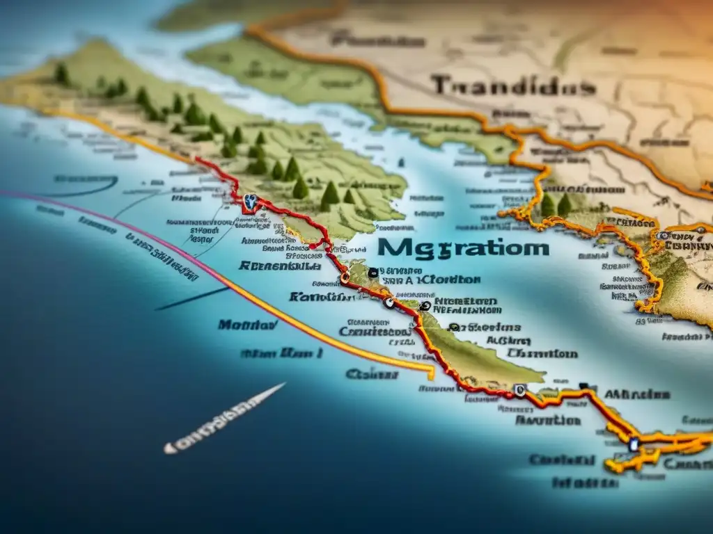 Detallado mapa vintage que muestra las rutas migratorias e historia del apellido Duarte en tonos sepia y caligrafía intricada