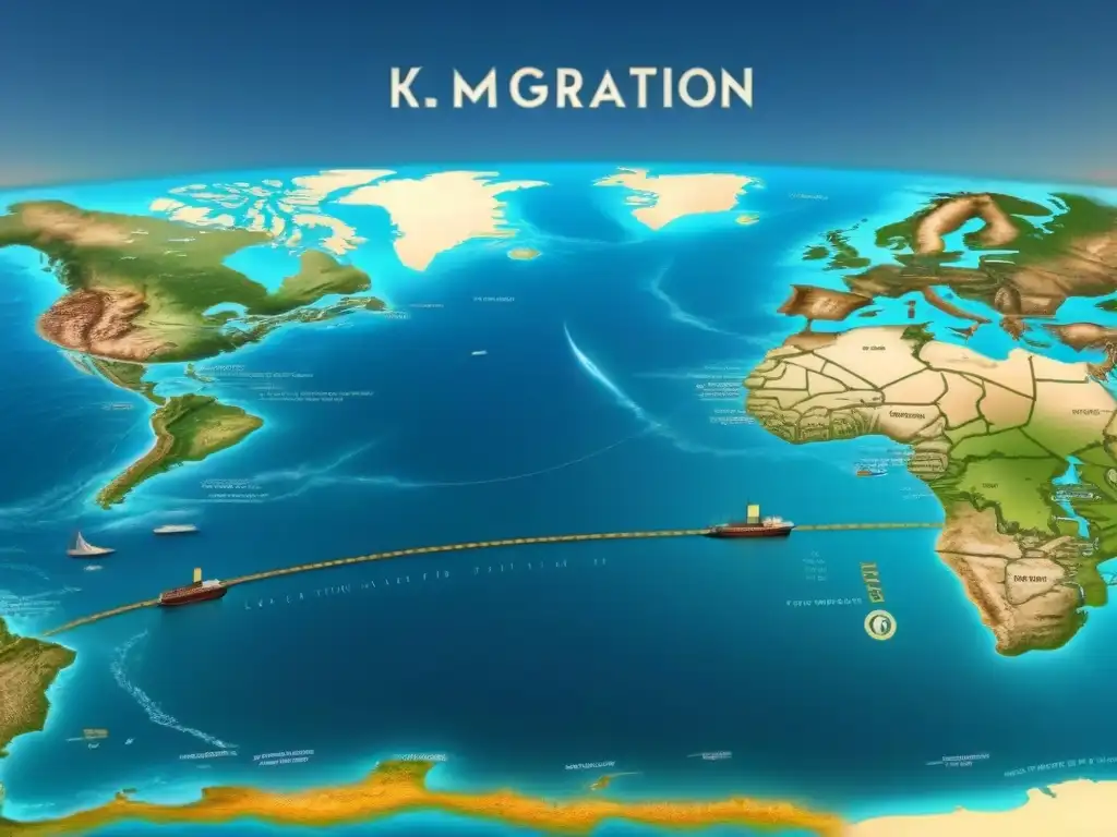 Detallado mapa vintage de rutas migratorias de apellidos K, con barcos y puntos históricos