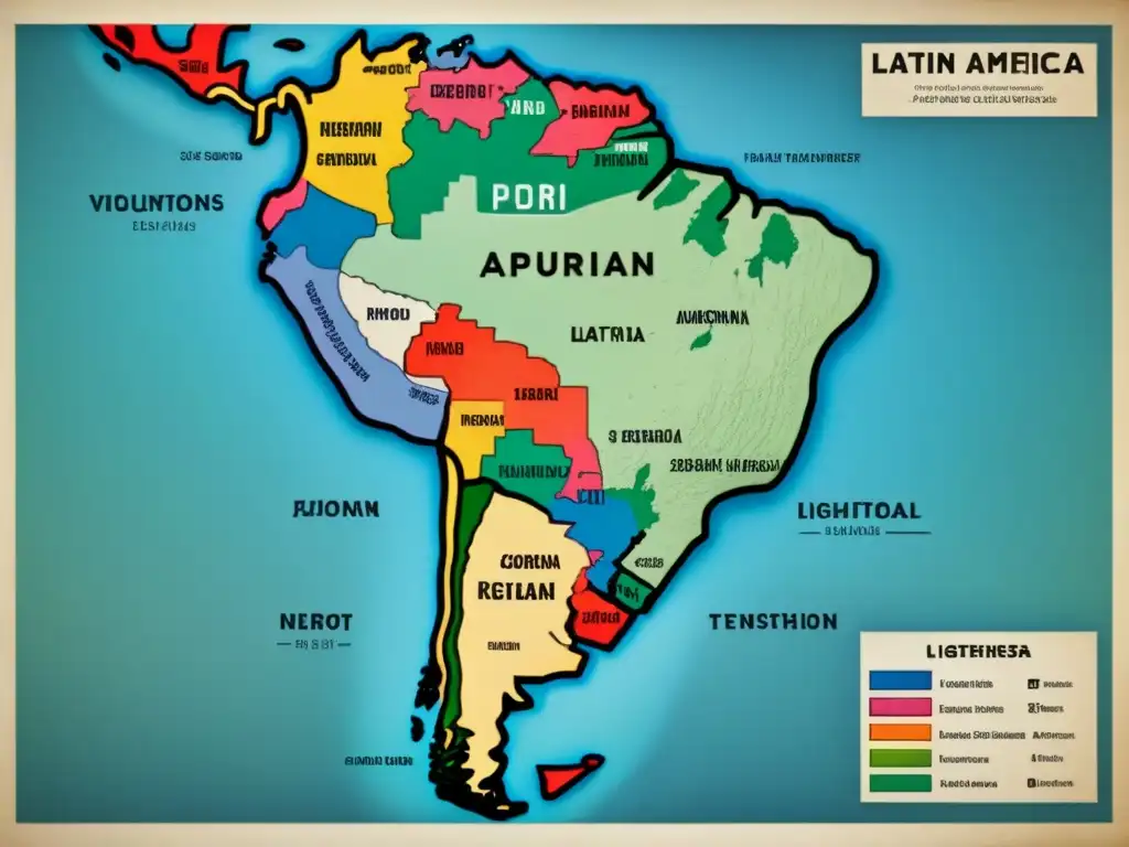 Detallado mapa vintage de Latinoamérica con símbolos indígenas y patrones tradicionales, evocando origen y evolución de apellidos indígenas