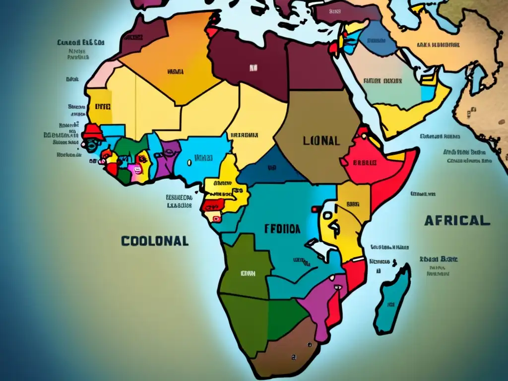 Detallado mapa vintage de territorios coloniales en África, con eventos históricos clave y origen apellidos africanos coloniales