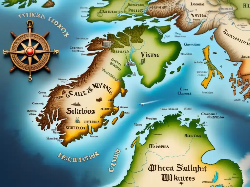 Detallado mapa vintage de Escandinavia, con territorios históricos y rutas migratorias vikingas