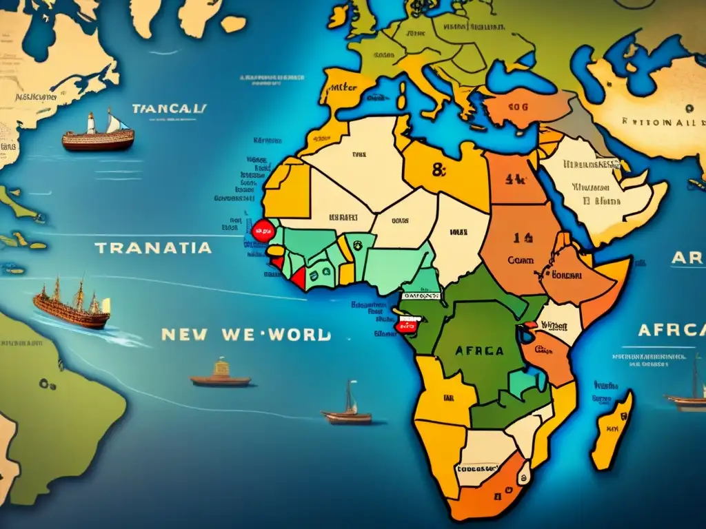 Un detallado mapa vintage muestra la travesía transatlántica de África al Nuevo Mundo