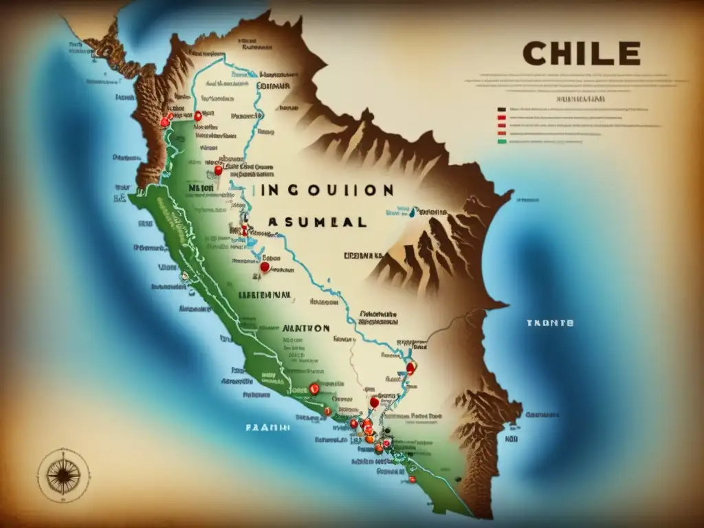 Detallado mapa vintage de Chile con evolución de tribus indígenas y asentamientos modernos, destacando historia apellidos chilenos evolución