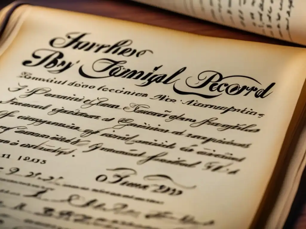 Detallado registro genealógico histórico, con caligrafía intrincada y detalles envejecidos, evocando herencia ancestral