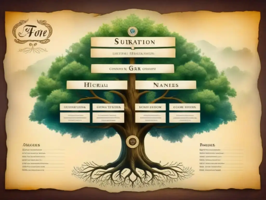 Detalle ancestral: árbol genealógico vintage en pergamino, con evolución de apellidos análisis genético