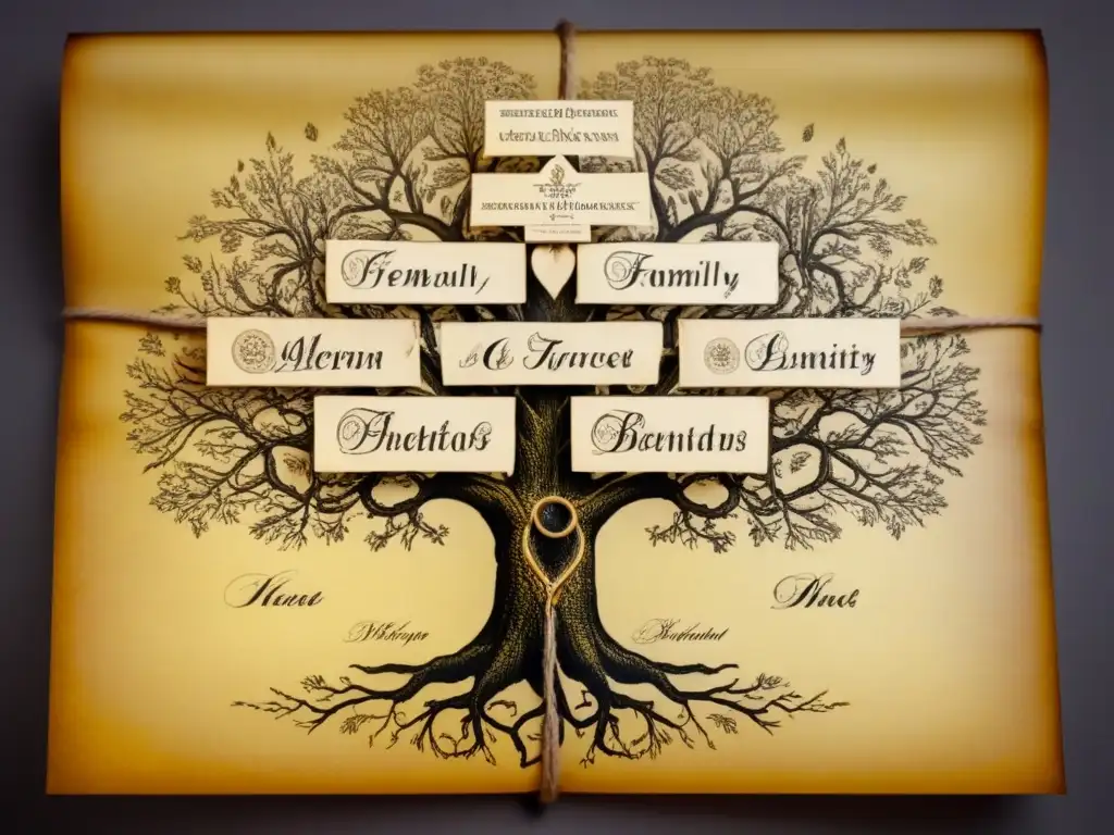 Antiguo árbol genealógico detallado en pergamino envejecido Detalle de un antiguo árbol genealógico dibujado a mano en pergamino amarillento, con delicada caligrafía y conexiones familiares