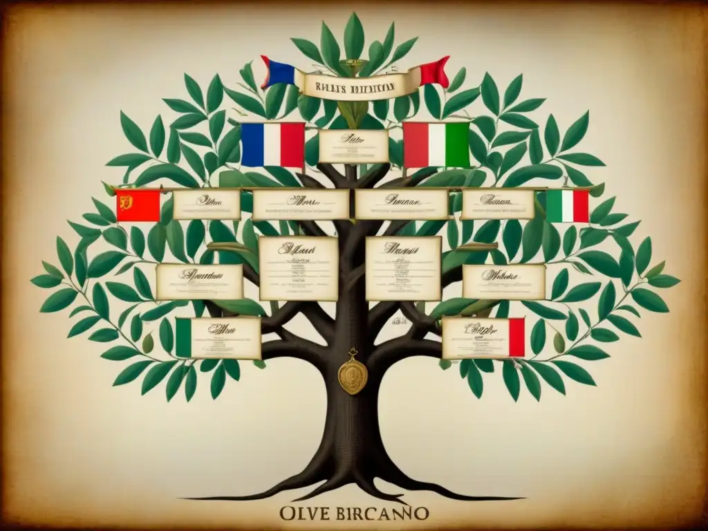 Detalle de un antiguo árbol genealógico italiano con apellidos tradicionales como Rossi y Bianchi, ilustrando la rica historia