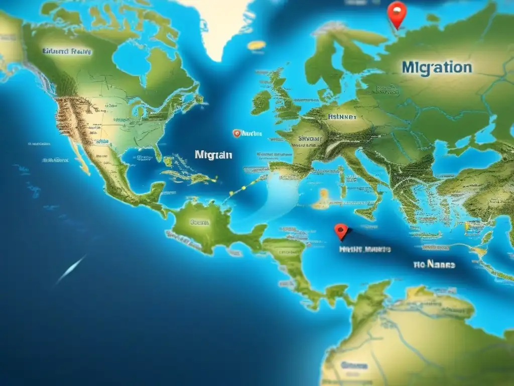 Detalle de un antiguo mapa mostrando evolución migratoria de apellidos, con barcos y trenes