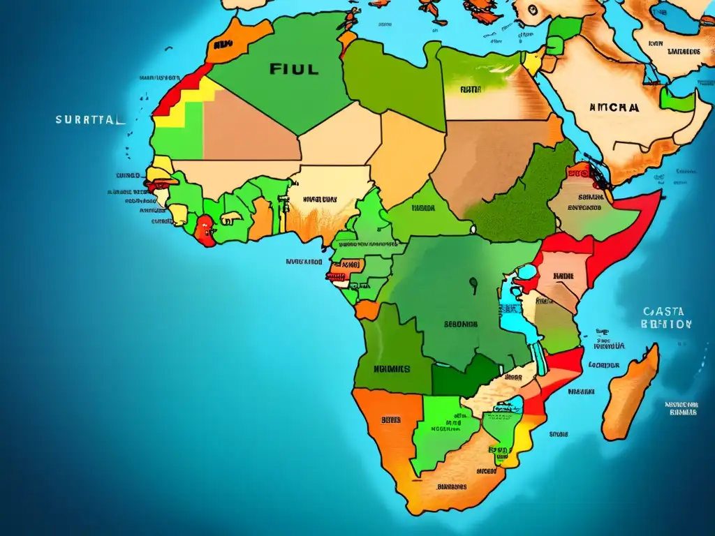 Detalle de un antiguo mapa mostrando la evolución de apellidos en la costa africana, con ilustraciones de pueblos y paisajes