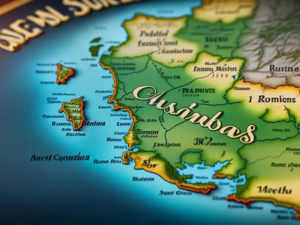 Detalle de un antiguo mapa detallado de una región con historia de apellidos, mostrando la influencia regional en los apellidos que empiezan con 'M'