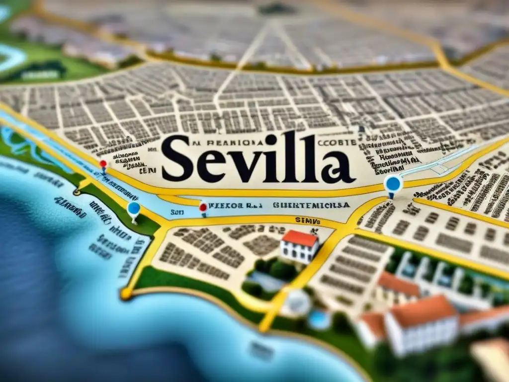 Detalle de antiguo mapa de Sevilla con historia de apellidos y lugares emblemáticos en tonos sepia envejecidos