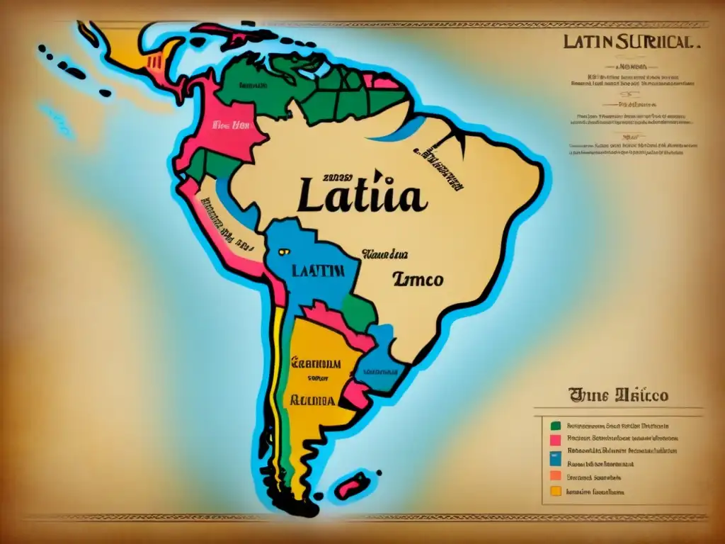 Detalle de antiguo mapa de América Latina con origen apellidos criollos, caligrafía detallada y tonos sepia envejecidos