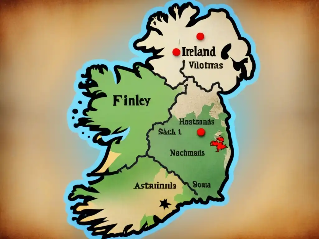 Detalle de un antiguo mapa de Irlanda relacionado con la Historia del apellido Finley, con diseños gaélicos y lugares históricos destacados