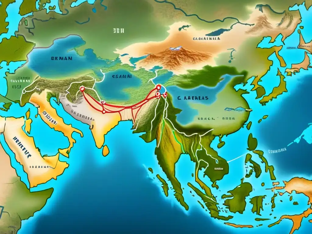 Detalle de antiguo mapa de la Ruta de la Seda, con tonos azules, marrones y verdes, ilustrando la red de rutas comerciales entre Europa y Asia