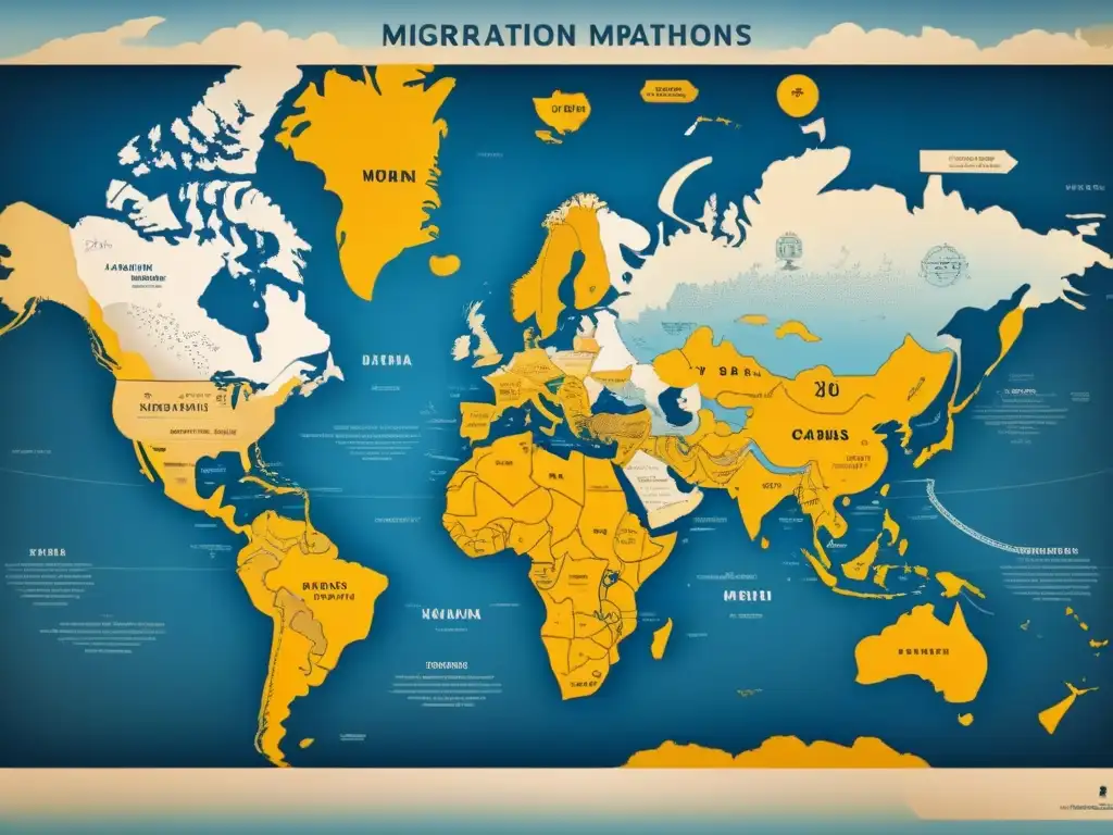 Detalle de un antiguo mapa mostrando rutas de migración, con ilustraciones de barcos, trenes y caravanas