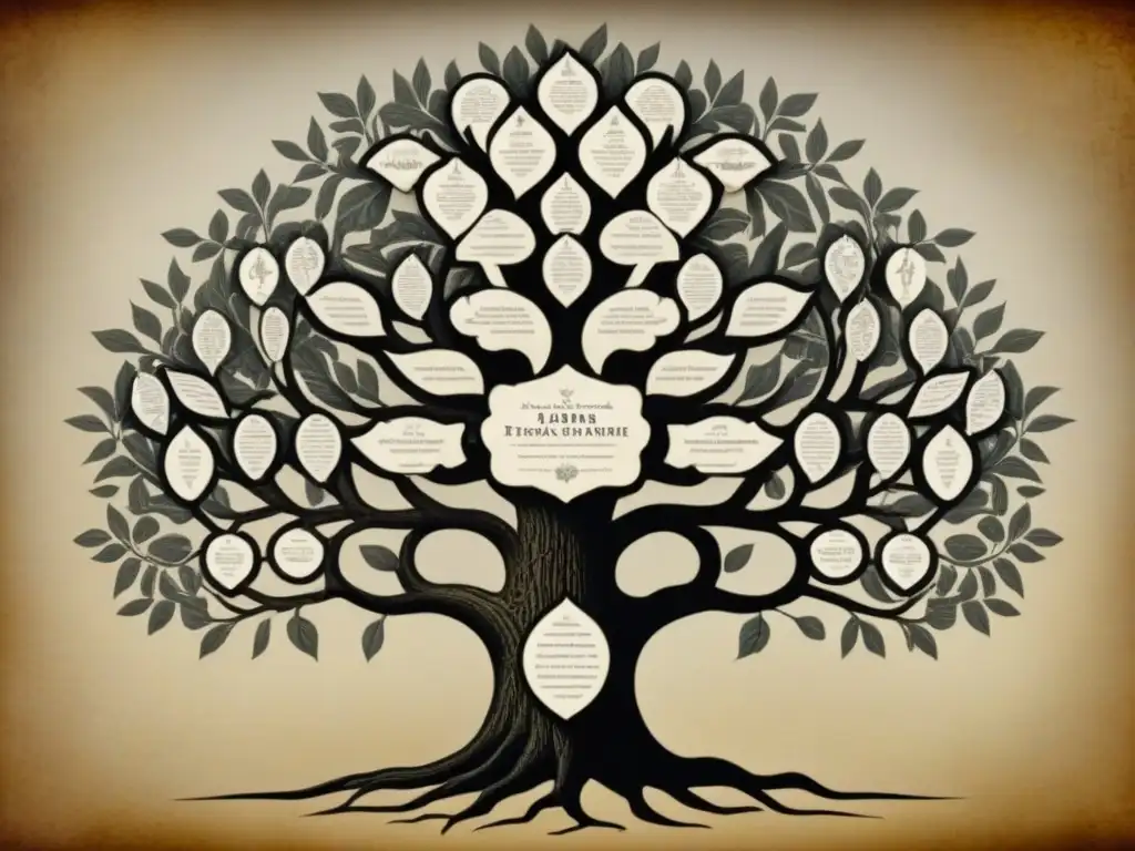 Detalle de un árbol genealógico ancestral en blanco y negro, mostrando la historia del apellido Etxegarai en una ilustración vintage detallada