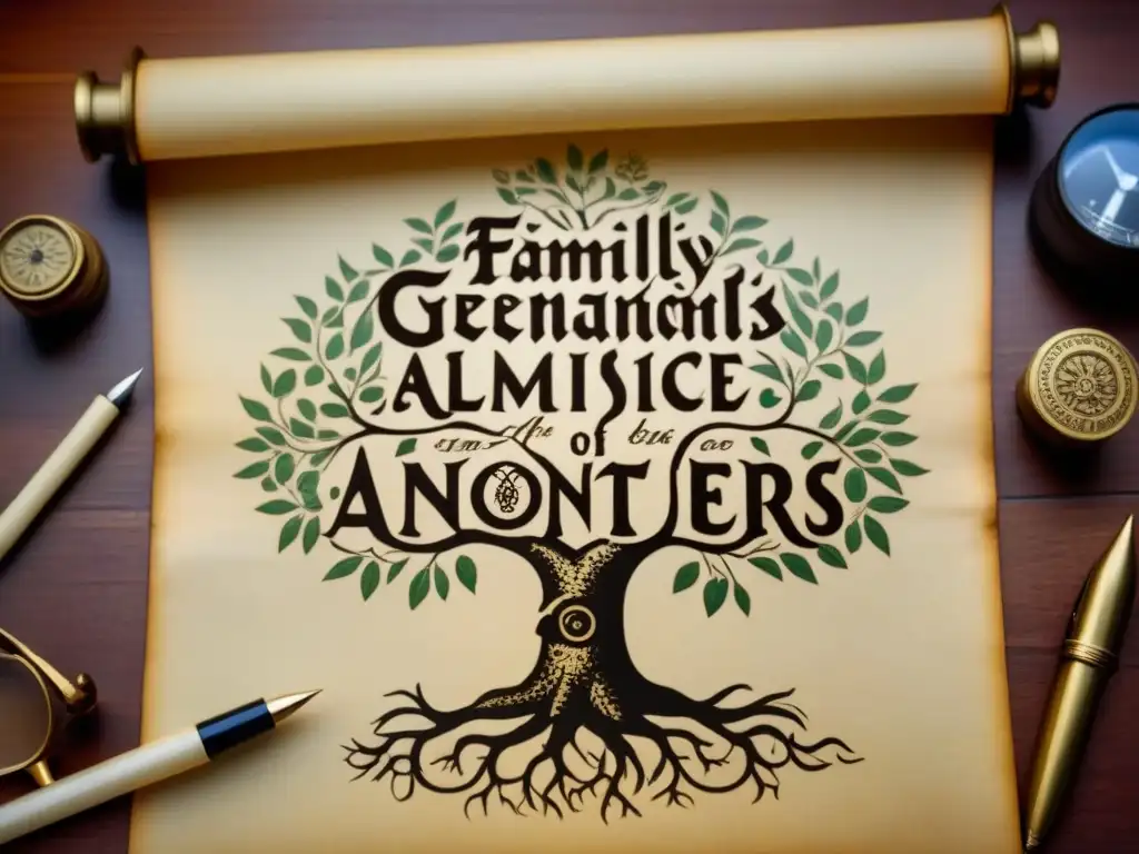 Detalle de árbol genealógico antiguo en pergamino con caligrafía detallada y elementos vintage