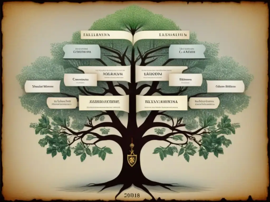 Detalle de un árbol genealógico de apellidos balcánicos bajo influencia otomana en mapa histórico