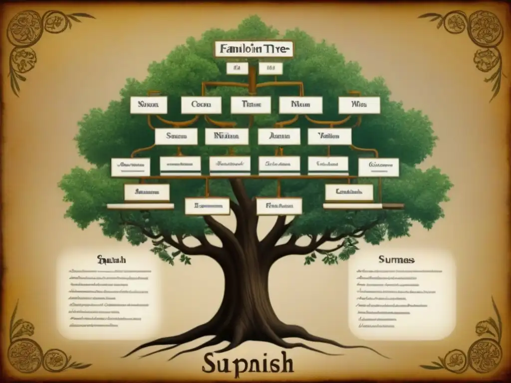 Detalle sepia de árbol genealógico español, mostrando evolución de apellidos desde 1900