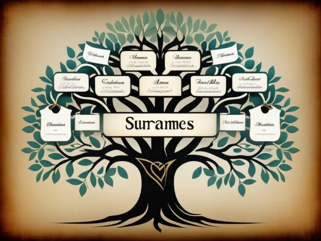Detalle del árbol genealógico de apellidos a través del tiempo, con elegante caligrafía y fondo pergamino envejecido