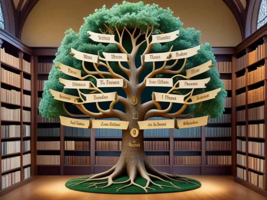 Detalle de árbol genealógico en biblioteca antigua, historia de apellidos y linajes transmitiendo orgullo y tradición