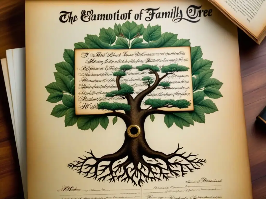 Detalle sepia de árbol genealógico con caligrafía e ilustraciones, invitando a explorar la historia familiar