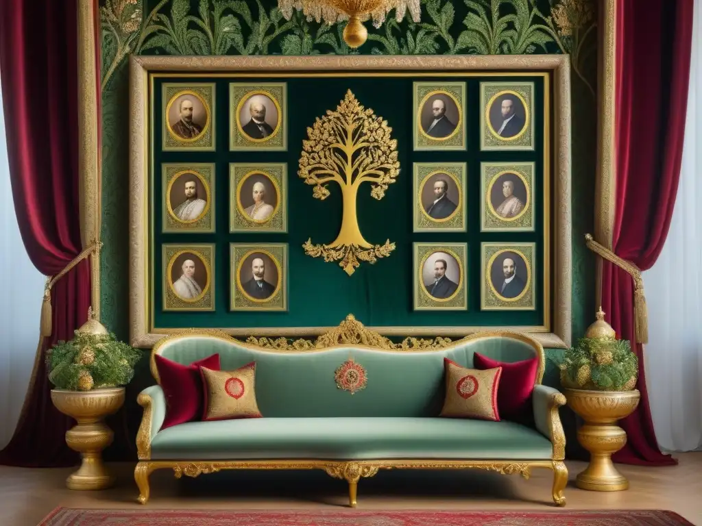Detalle de árbol genealógico de la dinastía Romanov, mostrando linaje y opulencia en palacio