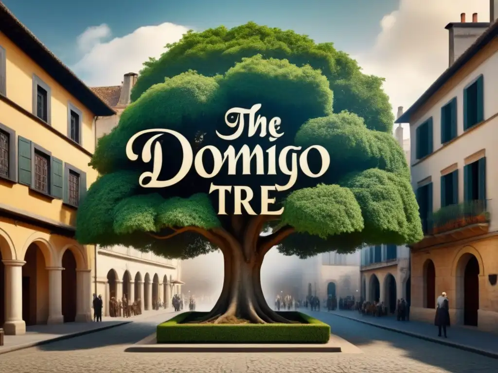 Detalle de árbol genealógico evolucionando de 'Domingo' en plaza medieval