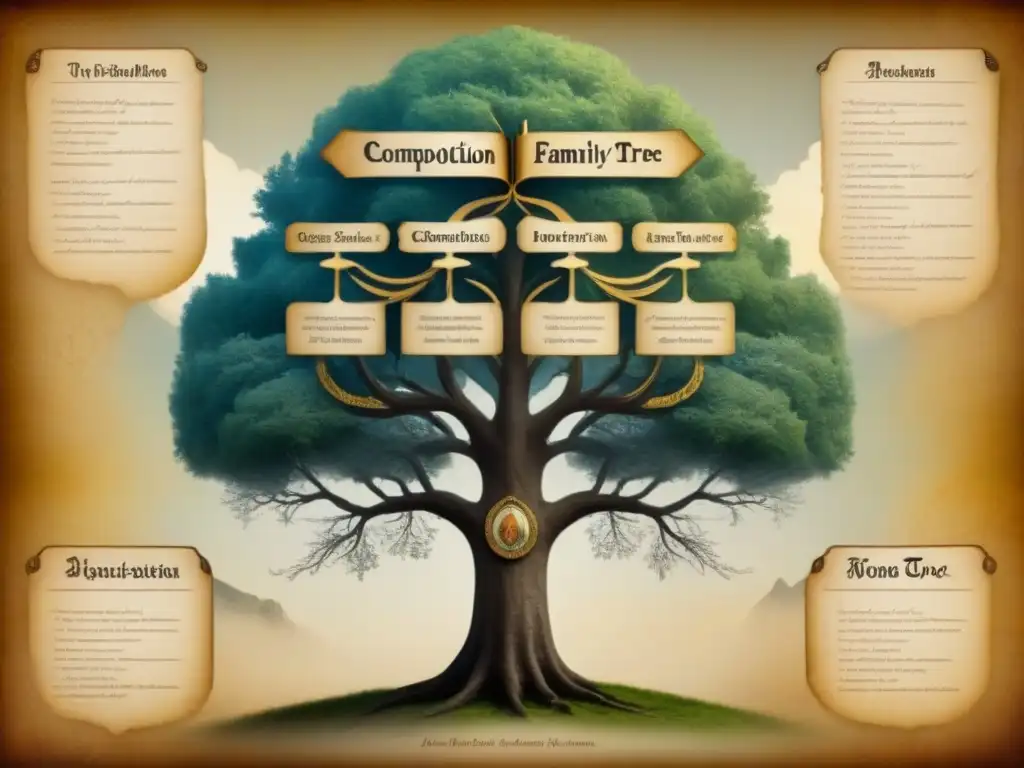 Árbol genealógico detallado de la familia Bonaparte: desde los ancestros hasta Napoleón en una ilustración vintage con caligrafía Detalle de árbol genealógico de la familia Bonaparte con caligrafía detallada sobre mapa antiguo de Europa