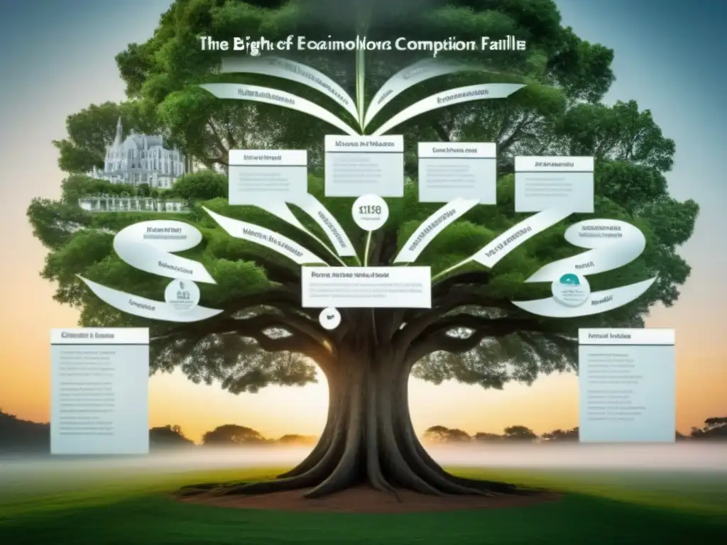 Detalle de un árbol genealógico mostrando la interconexión de apellidos élite económica a lo largo de la historia