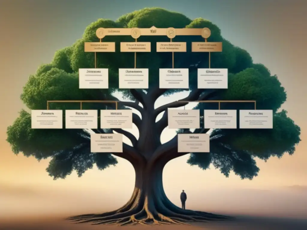 Detalle sepia de árbol genealógico con orígenes de apellidos ibéricos entrelazados en intrincado diseño de caligrafía