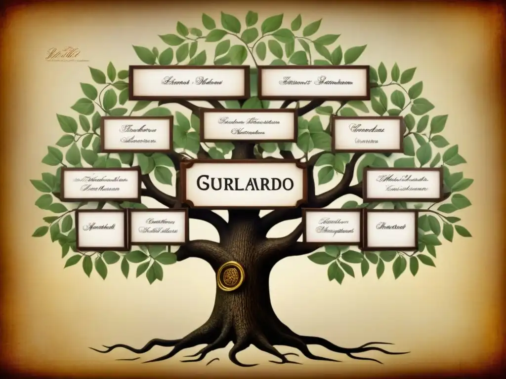 Detalle de un árbol genealógico vintage mostrando el origen de apellidos con G como Gallardo, Guerrero y Giraldo