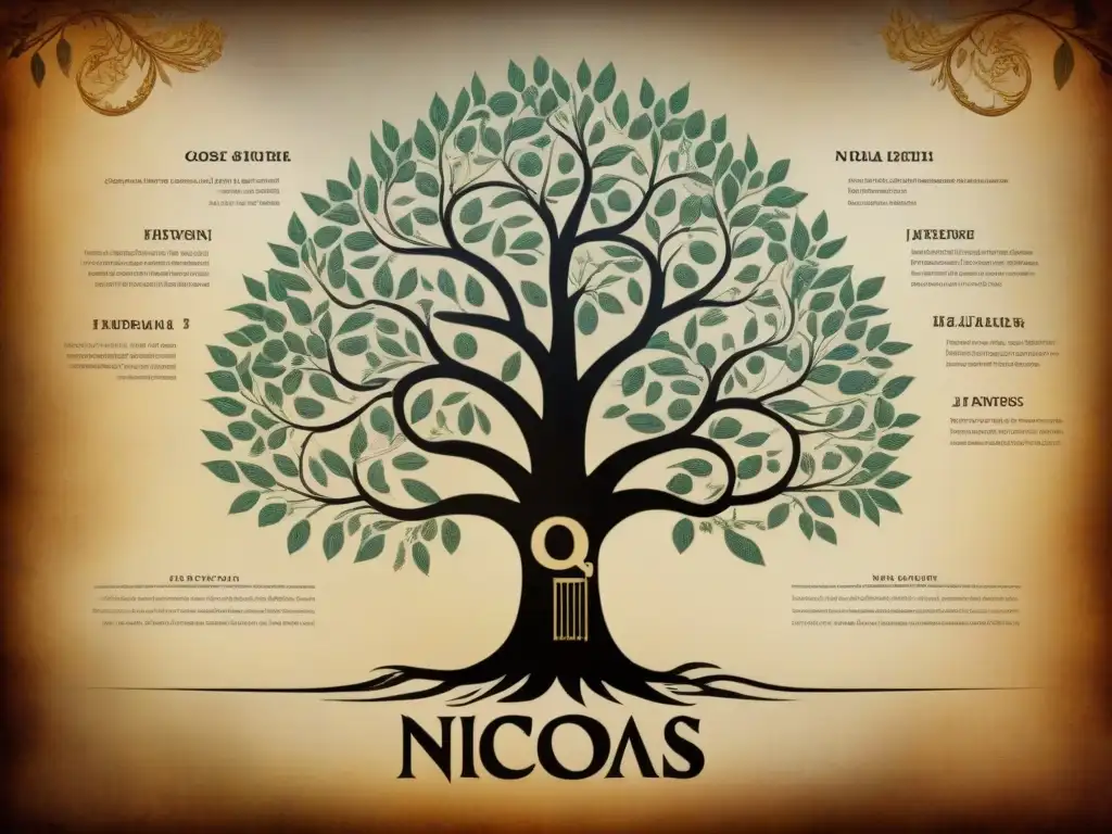 Detalle de árbol genealógico vintage mostrando la evolución del apellido Nicolás desde la Antigua Grecia hasta la actualidad, con ramas intrincadas y detalles históricos