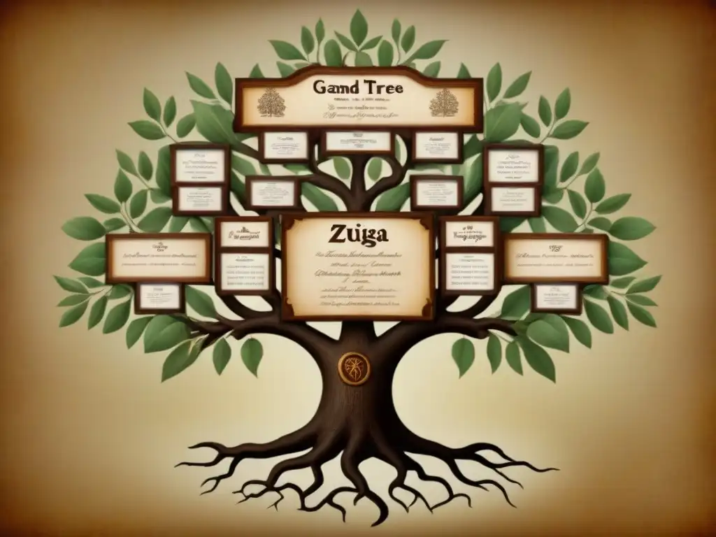 Detalle de árbol genealógico vintage de la historia del linaje de Zúñiga en pergamino envejecido