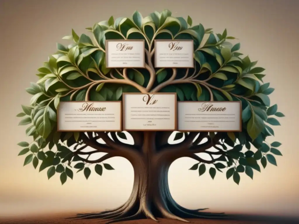 Detalle de árbol genealógico vintage con evolución de apellidos, destacando la letra 'V'