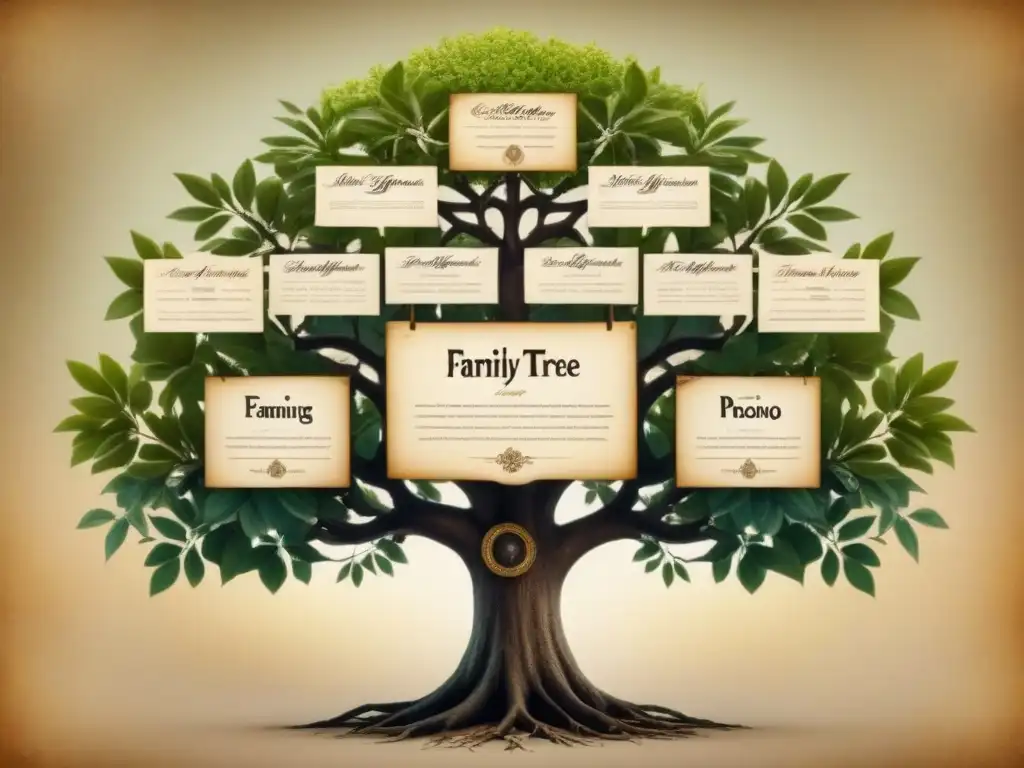 Detalle de árbol genealógico vintage con ramas entrelazadas, ilustrando la complejidad de la genealogía genética