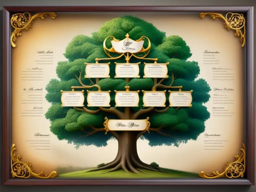 Detalle de árbol genealógico vintage de la noble familia Argüello con heráldica y caligrafía detallada