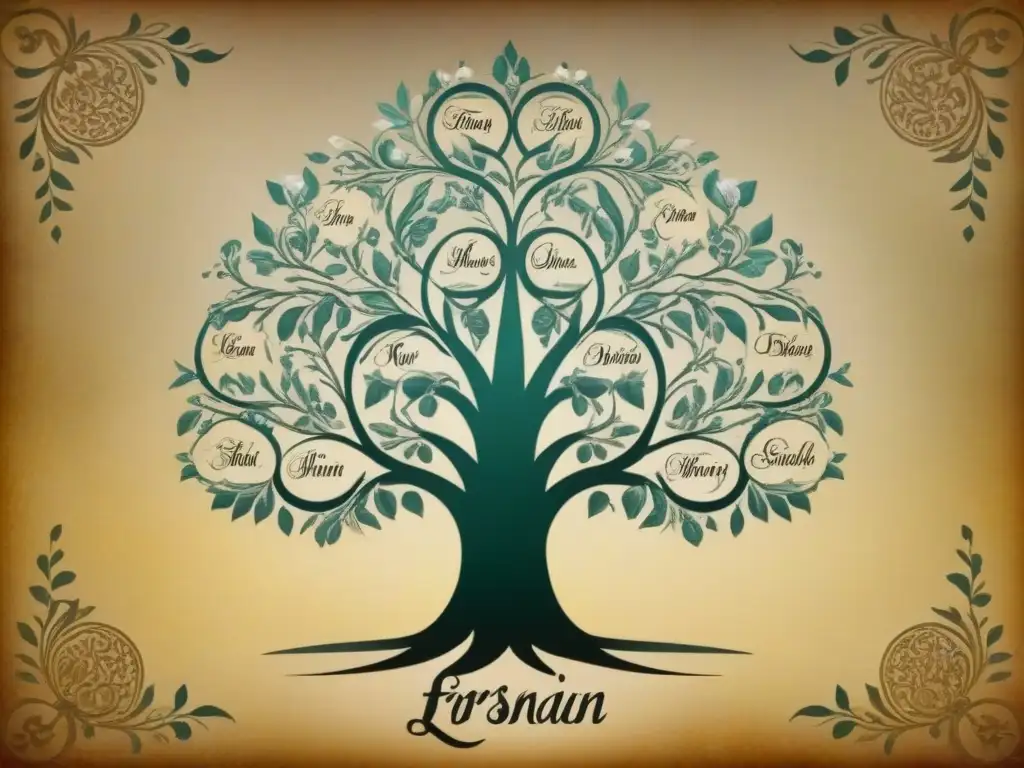 Detalle de árbol genealógico persa vintage mostrando la historia de apellidos persas en Irán con elegante caligrafía y motivos persas descoloridos