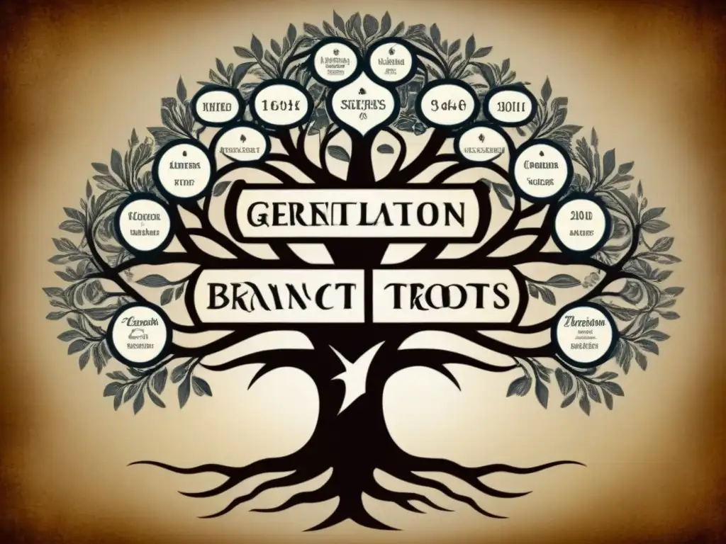 Detalle de árbol genealógico vintage con evolución de apellidos: de raíces antiguas a nombres modernos