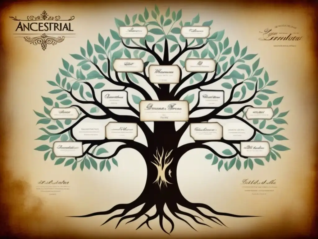 Detalle de árbol genealógico vintage con nombres en caligrafía sobre pergamino, simbolizando origen y evolución de apellidos