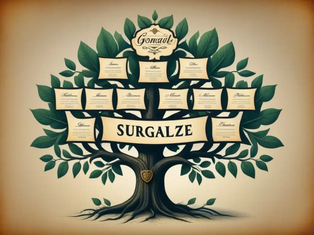 Detalle de un árbol genealógico vintage con apellidos como 'González' y 'López' entrelazados en caligrafía, evocando origen y significado de apellidos