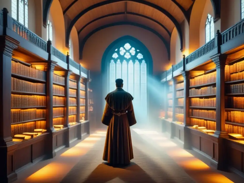 Detalle de una biblioteca antigua con libros, manuscritos y árboles genealógicos en las paredes iluminados por luz solar a través de vitrales