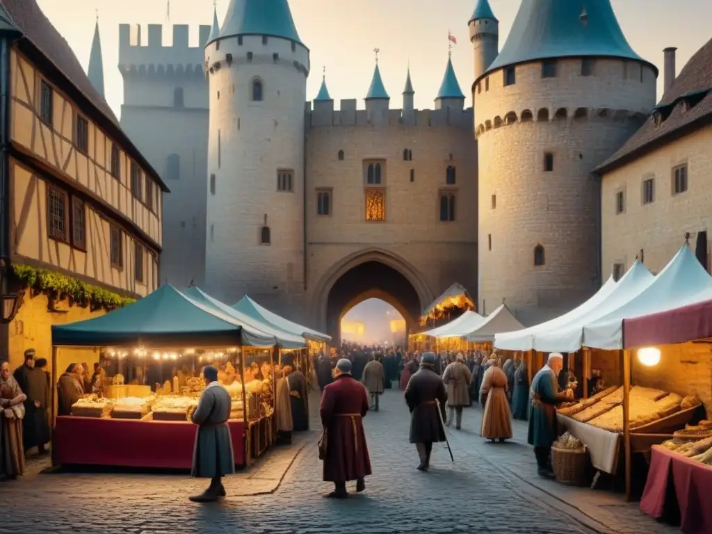 Detalle de un bullicioso mercado medieval con comerciantes y artesanos intercambiando bienes, bajo la mirada de un castillo majestuoso