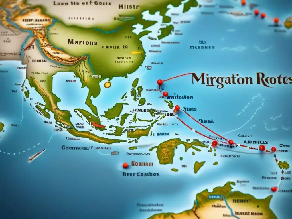 Detalle exquisito de un antiguo mapa con rutas de migración que alteran la composición de apellidos en la genealogía